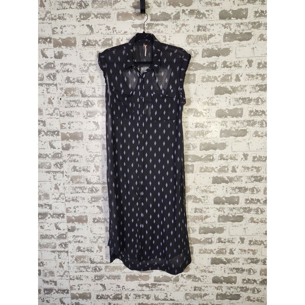 Free People Sheer Midi Tunic Shirt Dress Medium Black Geometric Crochet Boho